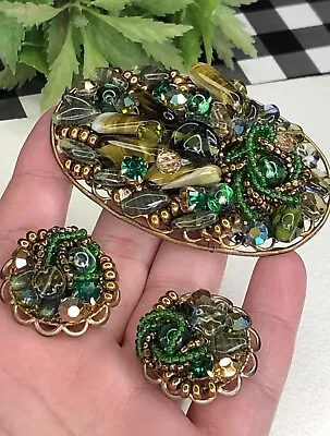 Vintage MIRIAM HASKELL? Green Glass Rhinestone Brooch Pin & Clip Earrings SET • $31