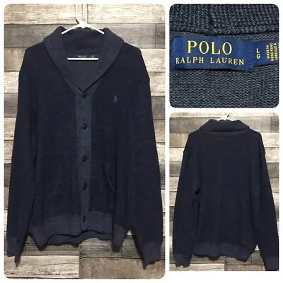 Polo Ralph Lauren Shawl Collar Cardigan Sweater Men’s L Navy Blue Elbow Patch L2 • $49.99