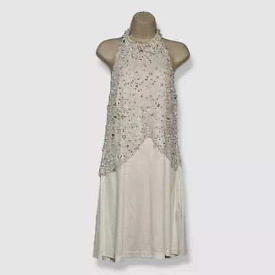 $275 Aidan By Aidan Mattox Women's Ivory Beaded Halter Swing Dress Size 12 • $77.18