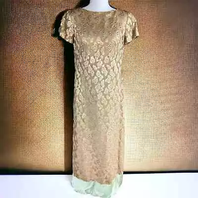 Vintage Malcolm Starr Gold Floral Lace Green Satin Formal Gown MCM Dress Medium • $96.50