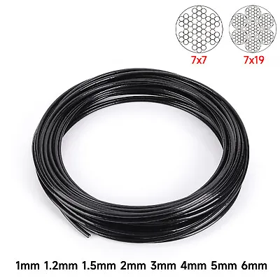 Black Coated Stainless Steel Wire Rope Cable 1mm 1.2mm 1.5mm 2mm 3mm 4mm 5mm 6mm • £3.17