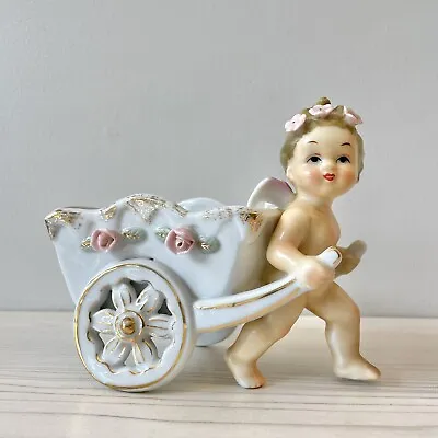 Vintage Napco Ceramic Cupid Angel Cherub Pulling Wagon Cart Planter S209A Japan • $39