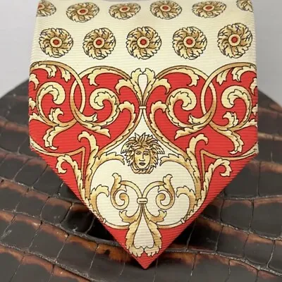 Gianni Versace Medusa Baroque Silk Tie Made In Italy Red Gold Tan Cream Vintage • $225