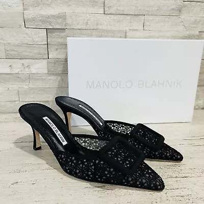 Manolo Blahnik Maysalebi Buckle Black Lace 70MM Pointy Toe Mule US 6.5  36.5 EU • $650