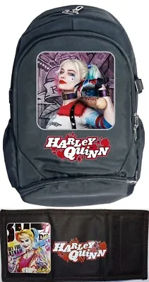 HARLEY QUINN Set Heavy Duty Large Poly Backpack + Tri-fold Wallet Coin Pocket #2 • $45