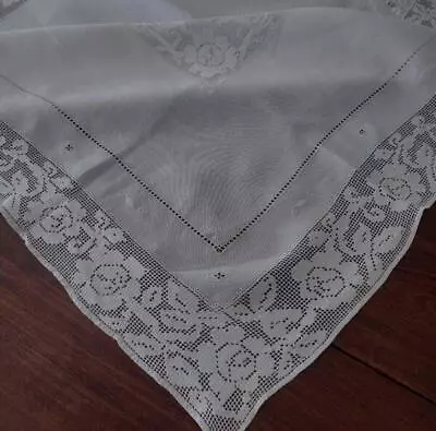 Vintage Linen Tablecloth Italian Embroidery Buratto Lace Ivory Flowers 49  • $39.59