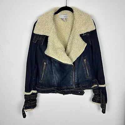 MNG Mango Denim Jeans Jacket Zip Up Faux Fur  Women’s Size Large • $40