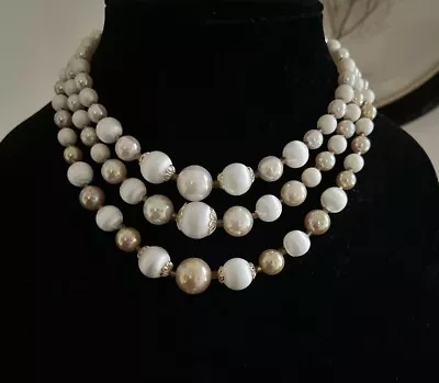 Vintage Signed Japan Ivory Triple Layered Beaded Opalescent Pearlescent Necklace • $10.19