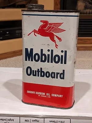 1950s Mobiloil CANADIAN Outboard Motor Oil 1 Quart Can Tin Mobil Pegasus Socony • $69.99