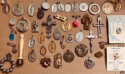 LOT Vintage Religious Jewelry Medals Crosses Pendants Medallions Catholic Charms • $59.99