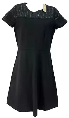 J CREW Dress 0 Black A-Line Eyelet On Upper Bodice Short Sleeves NEW WITH TAG • $21.99