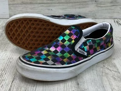 Vans Slip On Iridescent Checkerboard Skate Shoes Kids Size 3.5 GENTLY USED • £12.86