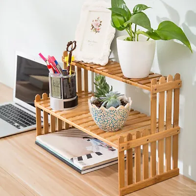 2 Tiers Bamboo Desk Storage Organizer Desktop Display Shelf Rack For Home Office • £10.95