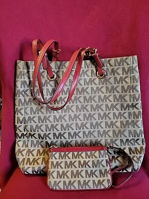 Authentic Michael Kors Canvas Monogram Tote Bag W/ Red Trim & Matching Wristlet • $31.50