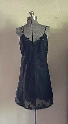 Vintage Deena Slip Dress Lingerie M Black Embossed Floral Pattern Made In USA • $20