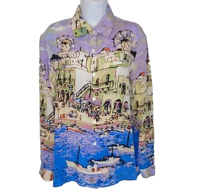 Michael Leu Silk Blouse Womens Size M Watercolor Beach Tropical Art To Wear • $23.98