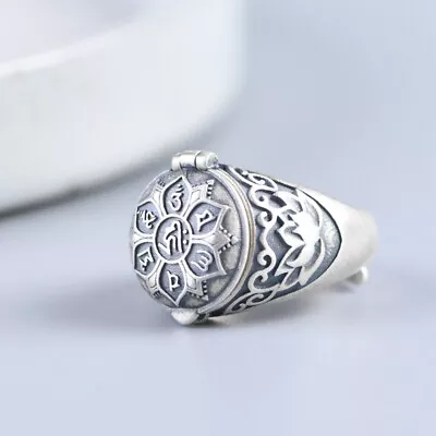 I05 Ring Poison Ring Buddhist 6-Word Mantra Lotus Flower Silver 925 Adjustable • $71.42