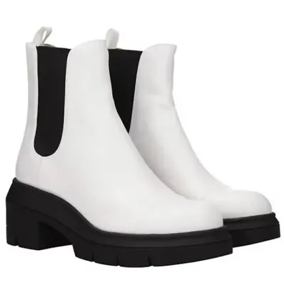 Stuart Weitzman NORAH White Leather Block Heel Platform Chelsea Boots Size 11 • $240