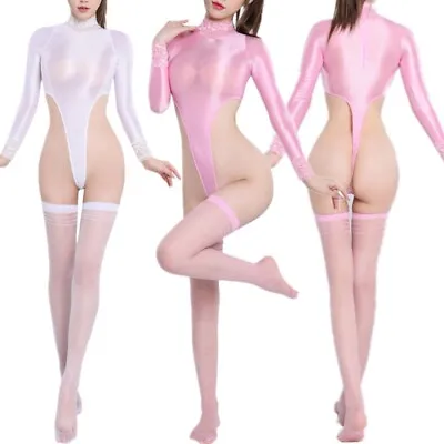 Women's Glossy Translucent Mock Neck Long Sleeve Bodysuit Thigh High Stockings • $6.50