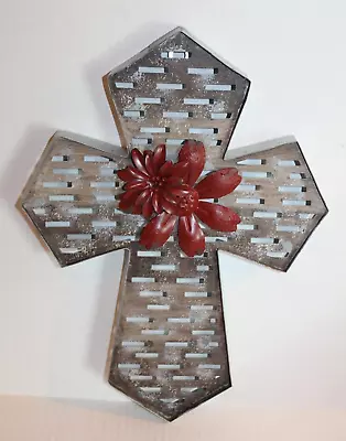 Rustic Silver Metal Cross With Red Metal Flowers In The Center 13  Wall Cross • $22.99