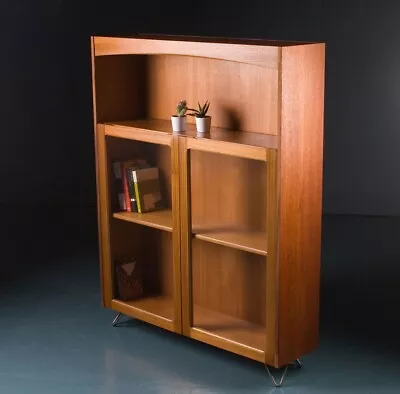 Mid Century 1970s Teak  Glass Display Cabinet Bookcase On Hairpin Legs • £175