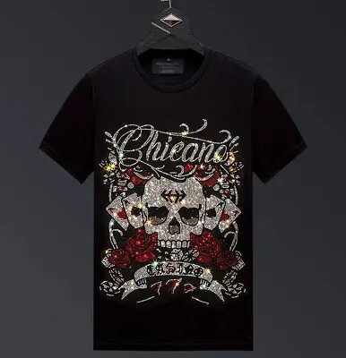 New Men Luxury Rhinestones Gothic Fashion Skull Black White T-Shirt High Quality • $41.50