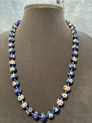 Vintage Cloisonné Blue Flowers  Floral  Enamel Bead Necklace 24” Beads  12mm • $26