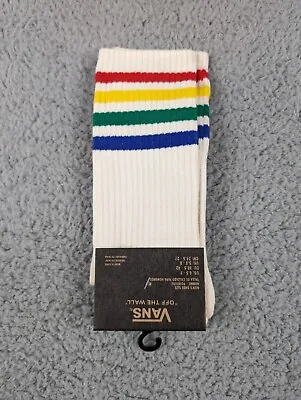 Vans Crew Socks Mens Womens 6.5-10 White Rainbow Stripe Logo Athletic Skater NWT • $11.16