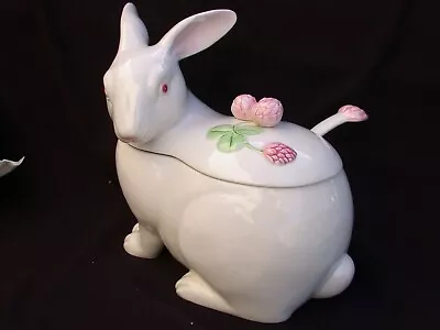 Vintage Tureen & Lid -Ladle Pink -Bunny Rabbit By Fitz And Floyd-Clover Bouquet • $124.95