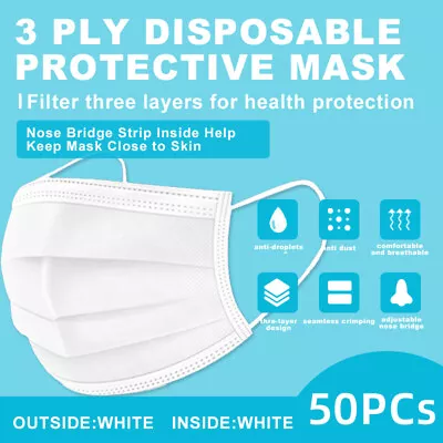 [50 Pcs] White Face Mask Disposable Non Medical Surgical 3-Ply Earloop Mask • $5.99