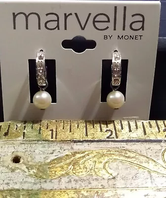 MONET Marvella Pierced Earrings Silvertone Clear Rhinestones Faux Pearls Drop • $10