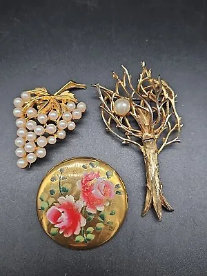 Vintage Misc Brooch Lot Gold Tone Faux Pearls Pell Unmarked Handpainted (3) • $11.95