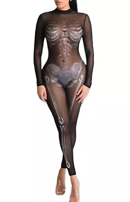 Sexy Black Skeleton Bodysuit Jumpsuit Halloween Costume Clubbing Party New Yoga • £31.32
