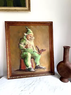 Signed OIL Canvas PAINTING   CLOWN JESTER With Rooster  VTG 1972 • $235