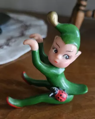 Vintage Hanging Pixie Elf With Ladybug - Mid Century Style Floating Fun Figure • $12