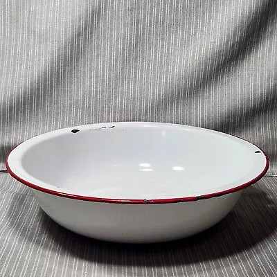 Vintage Enamelware LARGE BASIN PAN / MIXING BOWL - White Red Trim (12⅜ D) • $20