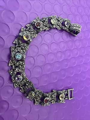 ❤️ Vintage Victorian Marcasite Multi Stone Sterling Silver Bracelet 7” • $104.99