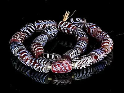 A Short Strand Of 20 Antique Venetian African Trade Fancy Red Feather Beads M000 • $72.60