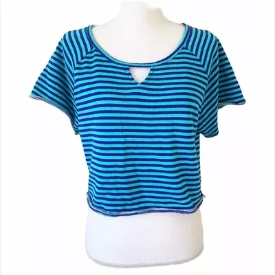 I Love H81 Shirt Women Small Blue Stripe Terry Short Sleeve Keyhole Cropped Top • $5