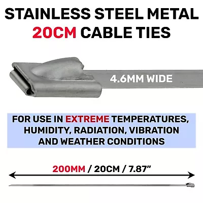 25x STAINLESS STEEL METAL CABLE TIES 20CM Long Extreme Condition Zip Tie Wraps • £9.09