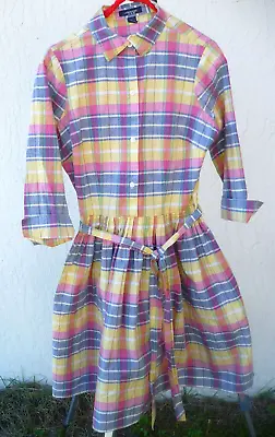 Lands End Madras Pastel Plaid Dress 100% Cotton Pleated S 6 P  M Vtg Women Belt • $39.80