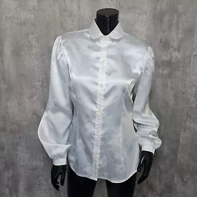 Vintage 70s H Bar C Cali. Ranchwear Womens 36 White Satin Floral Western Blouse • $44.95