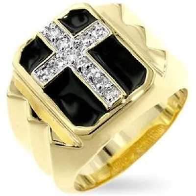 $37.99 • Buy 18K GOLD EP DIAMOND SIMULATED ROUND CUT MENS CROSS RING Size 7 -14 You Choose