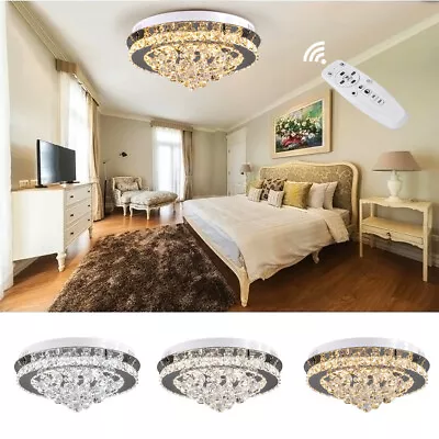 Luxury Dimmable LED Chandelier Lamp Round Crystal Ceiling Light Remote Control • £62.99