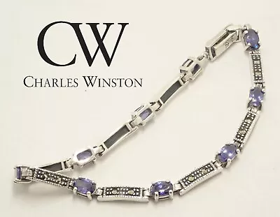 Vintage Sterling 925 CW Charles Winston Amethyst & Marcasite Panel Link Bracelet • $59.99