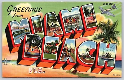 Postcard Greetings From Miami Beach Florida Large Letter Linen O119 • $5.97