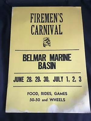 Vintage Belmar NJ Fire Department Firemen’s Carnival Poster Sign 20  X 14  • $42.14