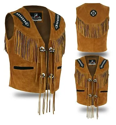  Tan Brown Suede Leather Western Cowboy  With Fringe Native American Waistcoat  • £44.95