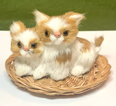 Vtg Real Fur Pair Kittens Cats Basket Glass Eyes Pink Nose Miniature White Tan • $9