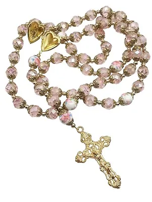 Pink Crystallized Beads Gold Rosary Catholic Holy Mary Locket Medal & Crucifix • $18.68